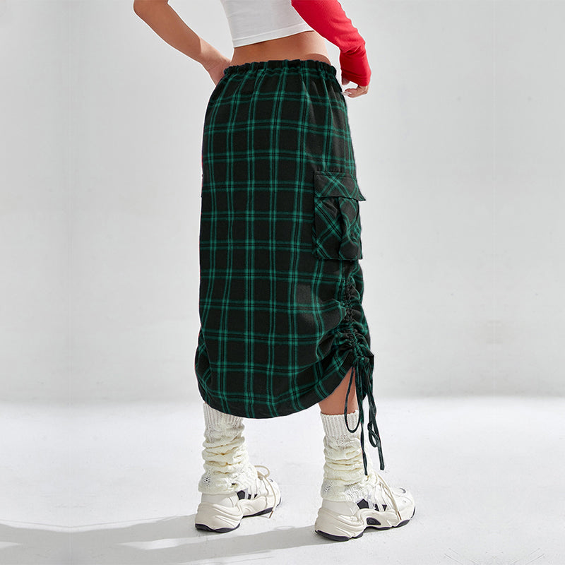 Plaid drawstring pocket side cargo skirt