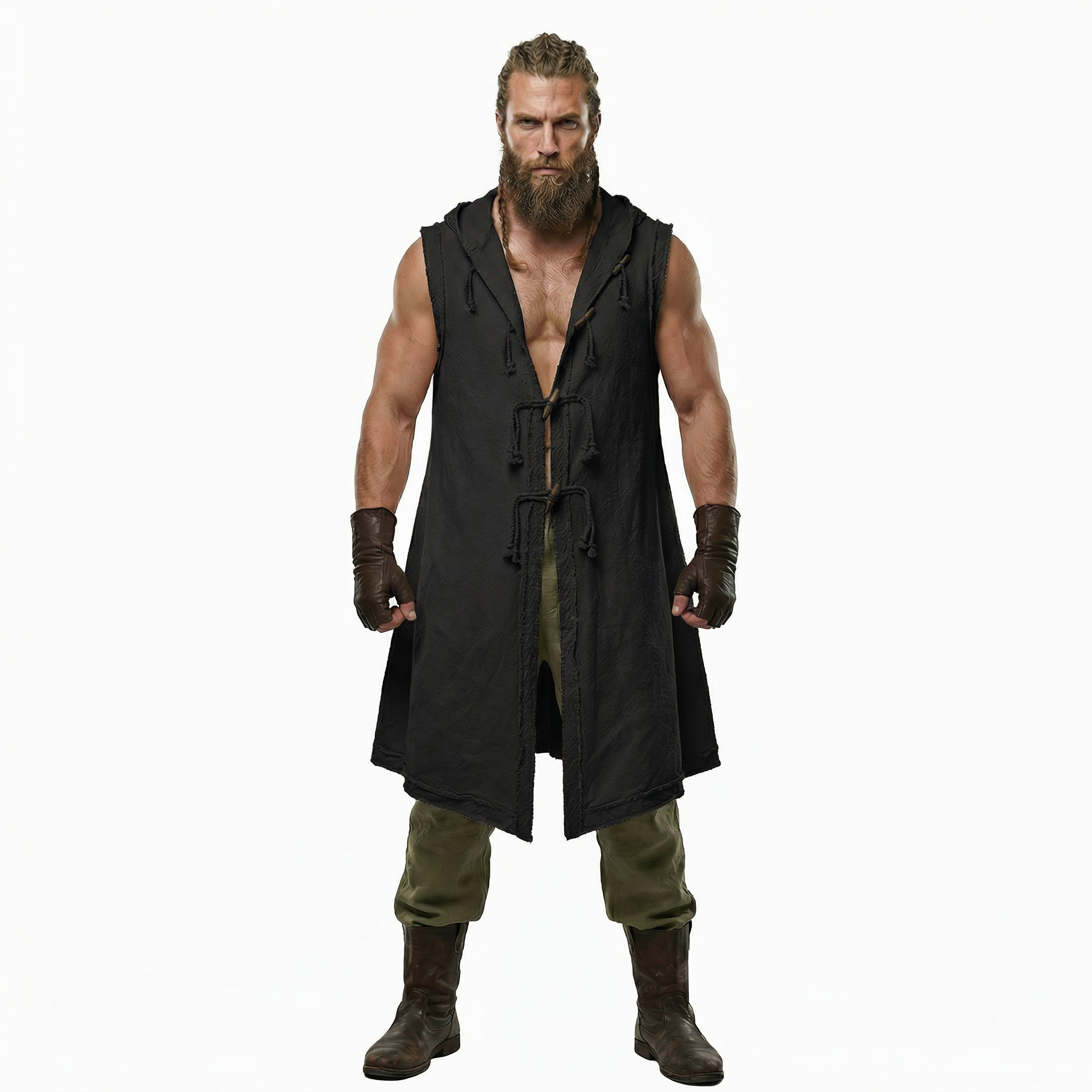 Men’s Medieval Costume Viking Vest Renaissance Sleeveless Tabard Tunic Hooded Cotton Surcoat Wooden Buttons LARP Cosplay