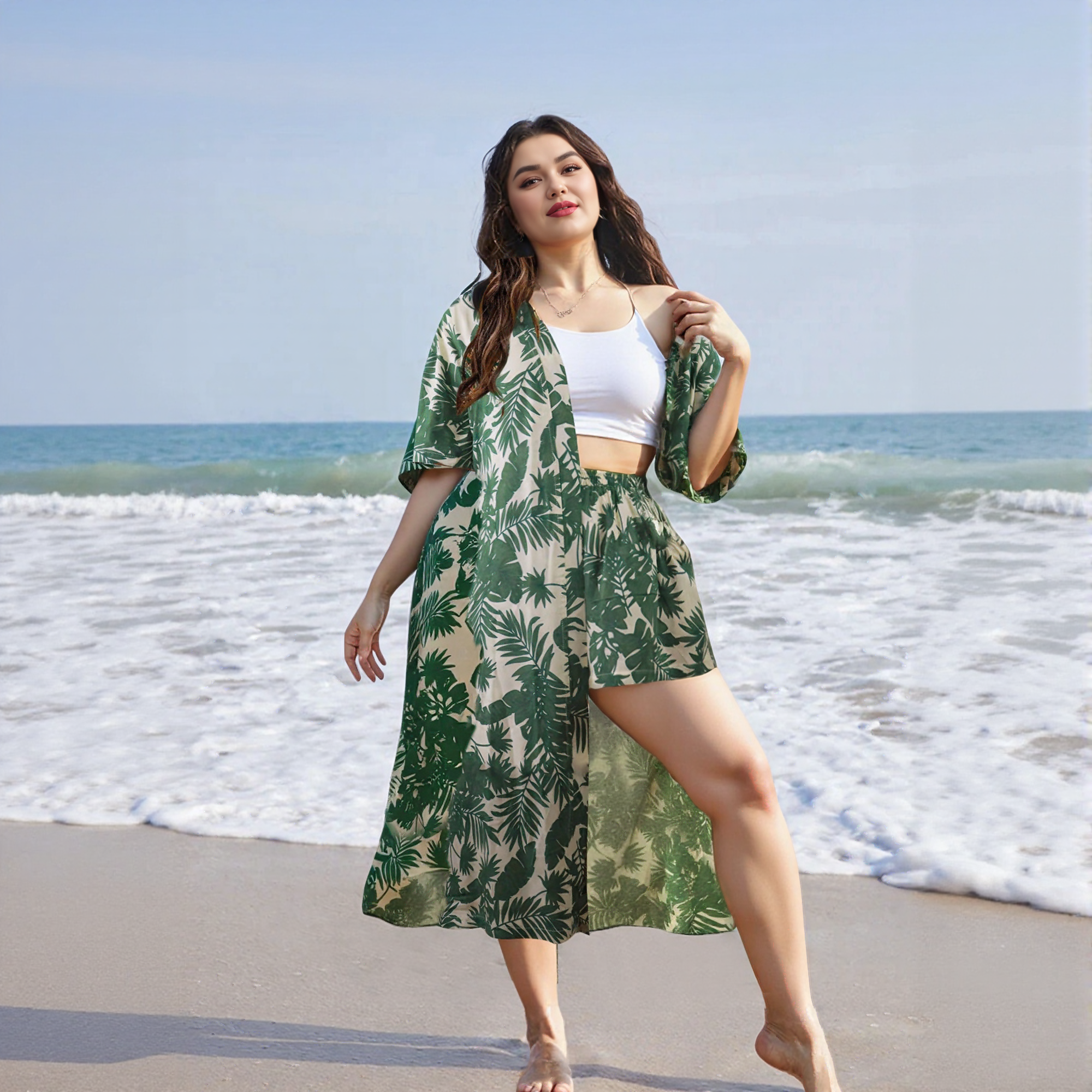 Plus Size All Over Print Kimono Robe and Shorts Set